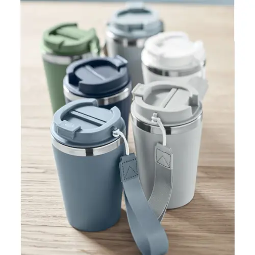 Bicchiere a doppio strato in acciaio inox e PP riciclati con cinturino in RPET da 350ml