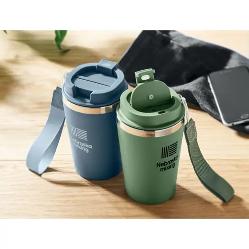 Bicchiere a doppio strato in acciaio inox e PP riciclati con cinturino in RPET da 350ml