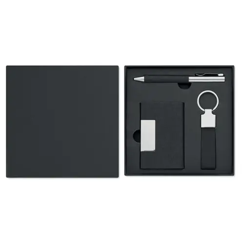 Set regalo composto da penna a sfera in metallo refill blu con portachiavi e portacarte in RPET