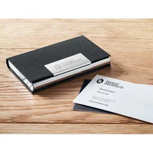 Set regalo composto da penna a sfera in metallo refill blu con portachiavi e portacarte in RPET