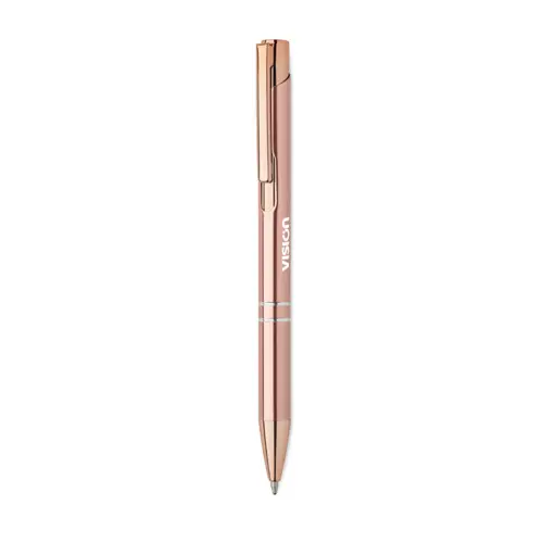 Penna a sfera in alluminio ririclato con dettagli color oro rosato refill blu