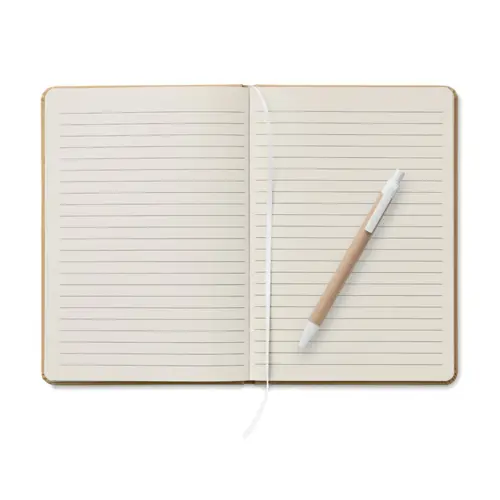 Block note in formato A5 copertina rigida in cartone riciclato pagine a righe con elastico segnapagina e penna refill blu