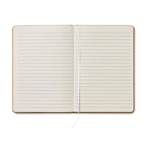 Block note in formato A5 copertina rigida in cartone riciclato pagine a righe con elastico segnapagina e penna refill blu