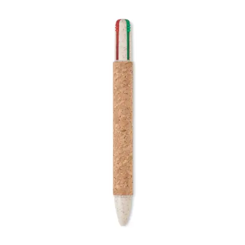 Penna a sfera multicolore in sughero paglia di grano e abs a 4 refill verde rosso nero e blu
