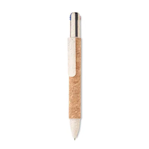 Penna a sfera multicolore in sughero paglia di grano e abs a 4 refill verde rosso nero e blu