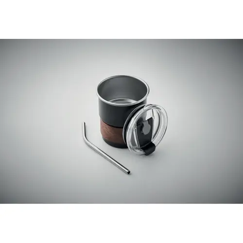 Bicchiere in acciaio inox riciclato con cannuccia coperchio e impugnatura in acacia 260ml