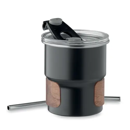 Bicchiere in acciaio inox riciclato con cannuccia coperchio e impugnatura in acacia 260ml