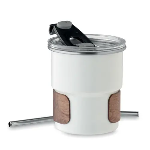 Bicchiere in acciaio inox riciclato con cannuccia coperchio e impugnatura in acacia 260ml