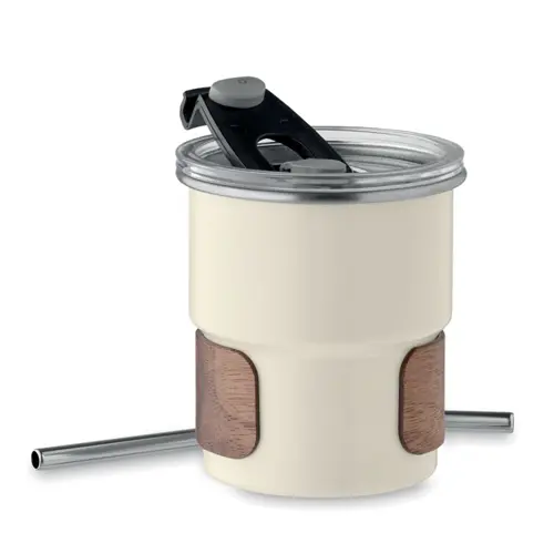 Bicchiere in acciaio inox riciclato con cannuccia coperchio e impugnatura in acacia 260ml