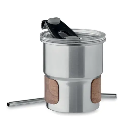 Bicchiere in acciaio inox riciclato con cannuccia coperchio e impugnatura in acacia 260ml