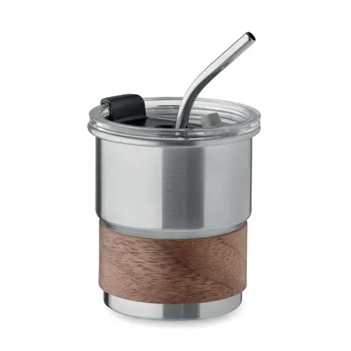 Bicchiere in acciaio inox riciclato con cannuccia coperchio e impugnatura in acacia 260ml