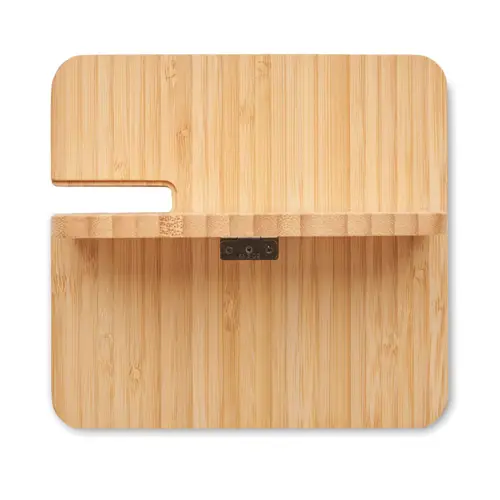 Caricatore 15W wireless pieghevole con supporto bambù per telefono cuffie e smartwatch solo Apple