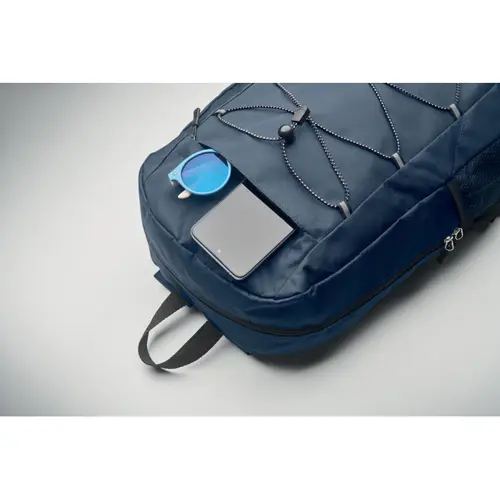 Zaino in poliestere 600D RPET  con cordino e tasca frontale e sui lati tasche a rete 30X14X45cm