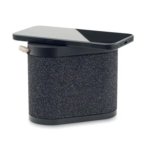 Speaker in ABS e tessuto poliestere RPET con caricatore wireless in bambù e maniglia in iuta