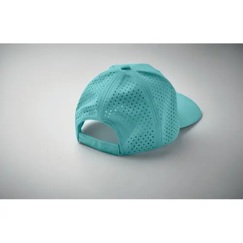 Cappellino con visiera in poliestere 130gr a 5 pannelli ad asciugatura rapadia e repellente al sudore
