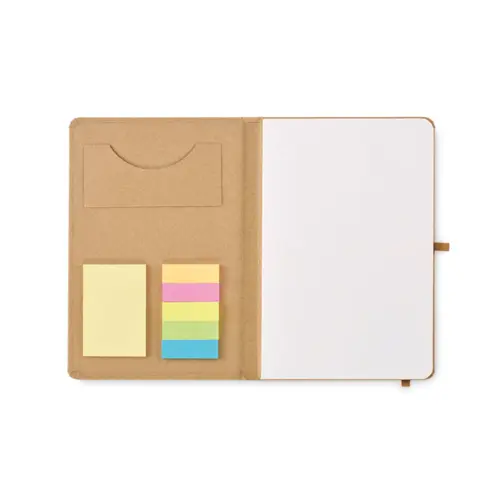 Block notes A5 in carta riciclata 80 fogli neutri e note adesive portapenne e chiusura con elastico
