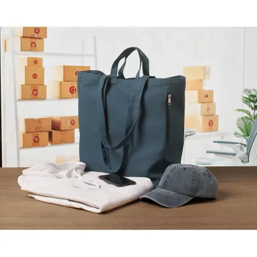 Shopper in policotone riciclato con doppi manici e tasca laterale da 380gr 38x12x41cm