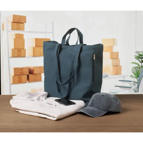 Shopper in policotone riciclato con doppi manici e tasca laterale da 380gr 38x12x41cm