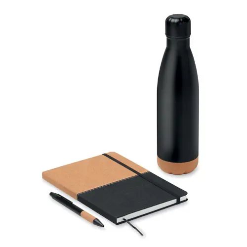 Set regalo da 3 pz in scatola con una bottiglia termica da 500ml, un notebook A5 ecologico e una penna in alluminio