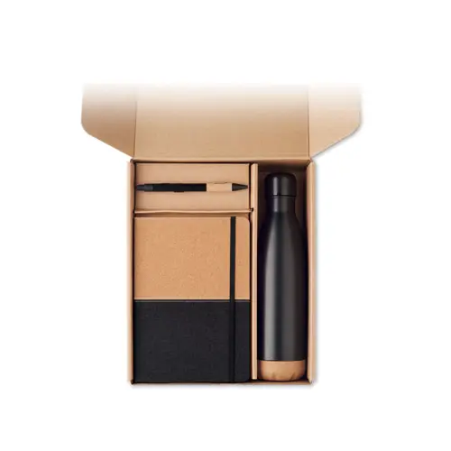 Set regalo da 3 pz in scatola con una bottiglia termica da 500ml, un notebook A5 ecologico e una penna in alluminio