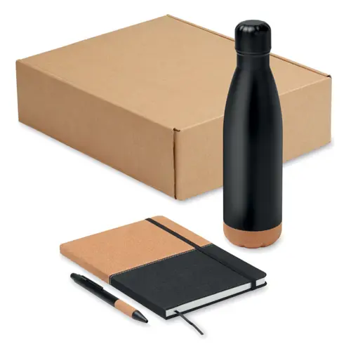 Set regalo da 3 pz in scatola con una bottiglia termica da 500ml, un notebook A5 ecologico e una penna in alluminio