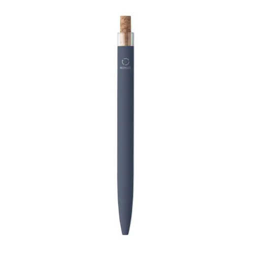 Penna a sfera in alluminio riciclato con pulsante in sughero e clip in metallo refill blu