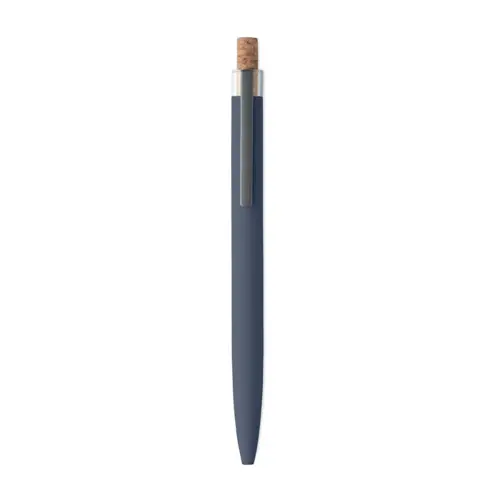 Penna a sfera in alluminio riciclato con pulsante in sughero e clip in metallo refill blu