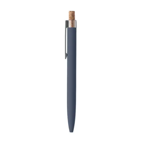 Penna a sfera in alluminio riciclato con pulsante in sughero e clip in metallo refill blu