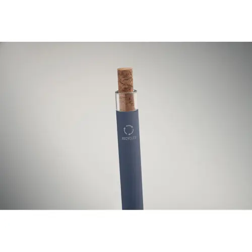 Penna a sfera in alluminio riciclato con pulsante in sughero e clip in metallo refill blu