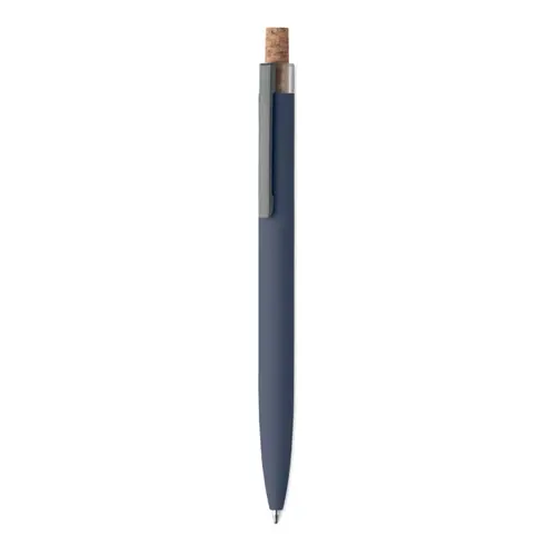 Penna a sfera in alluminio riciclato con pulsante in sughero e clip in metallo refill blu