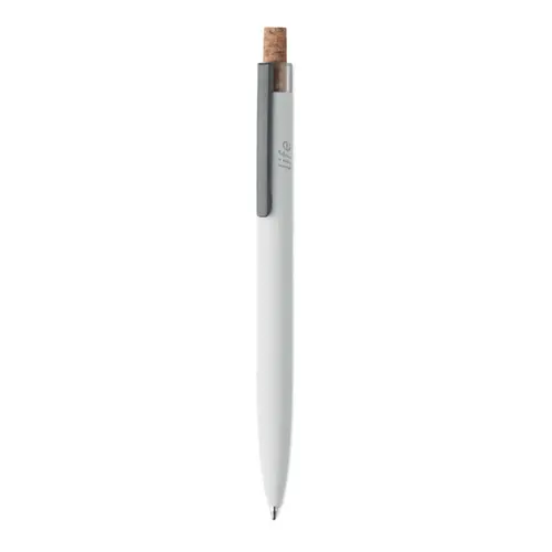 Penna a sfera in alluminio riciclato con pulsante in sughero e clip in metallo refill blu