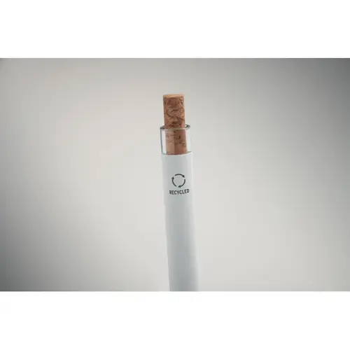 Penna a sfera in alluminio riciclato con pulsante in sughero e clip in metallo refill blu