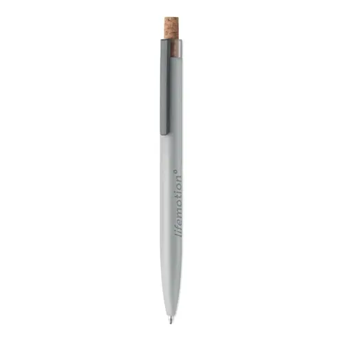 Penna a sfera in alluminio riciclato con pulsante in sughero e clip in metallo refill blu