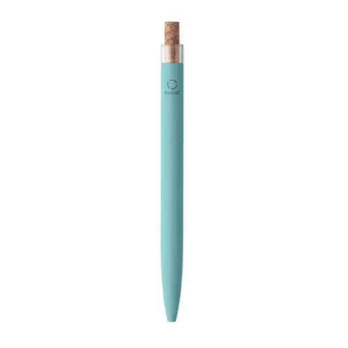 Penna a sfera in alluminio riciclato con pulsante in sughero e clip in metallo refill blu