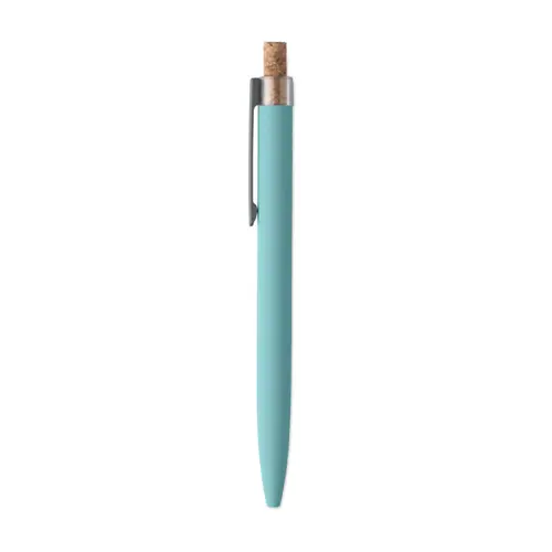 Penna a sfera in alluminio riciclato con pulsante in sughero e clip in metallo refill blu