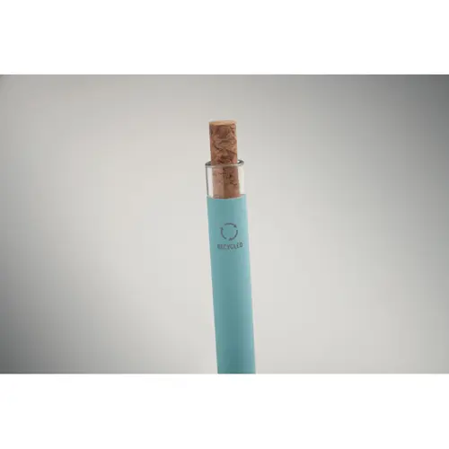 Penna a sfera in alluminio riciclato con pulsante in sughero e clip in metallo refill blu