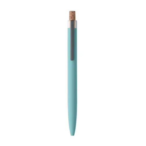 Penna a sfera in alluminio riciclato con pulsante in sughero e clip in metallo refill blu