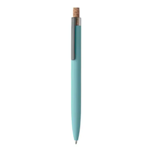 Penna a sfera in alluminio riciclato con pulsante in sughero e clip in metallo refill blu