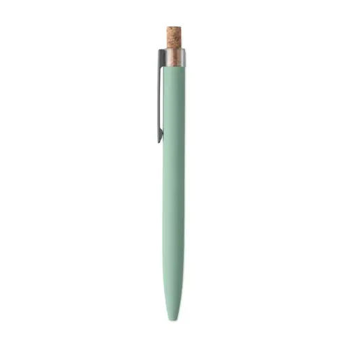 Penna a sfera in alluminio riciclato con pulsante in sughero e clip in metallo refill blu