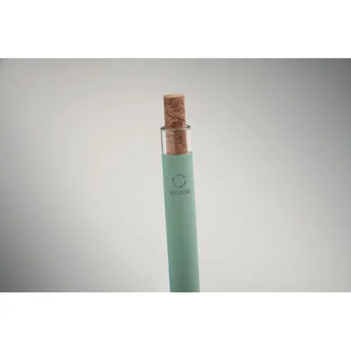 Penna a sfera in alluminio riciclato con pulsante in sughero e clip in metallo refill blu