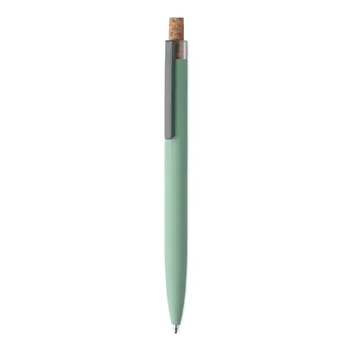 Penna a sfera in alluminio riciclato con pulsante in sughero e clip in metallo refill blu