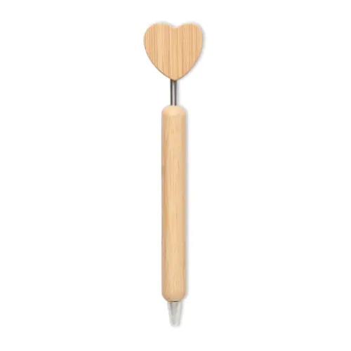 Penna a sfera in bambù con design a cuore e refill blu