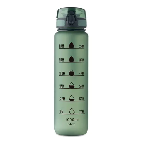 Borraccia sportiva RPET da 1L con indicatori di tempo motivazionali e coperchio flip top