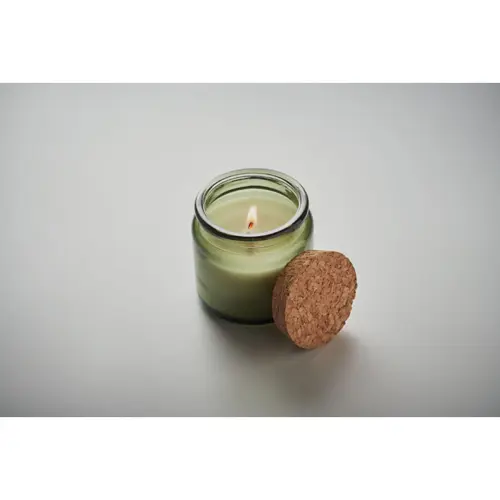 Candela in cera vegetale 70gr in contenitore di vetro con coperchio in sughero e scatola regalo