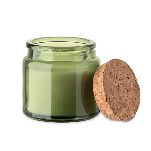 Candela in cera vegetale 70gr in contenitore di vetro con coperchio in sughero e scatola regalo