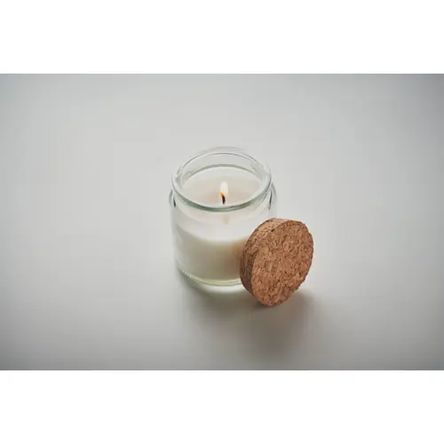 Candela in cera vegetale 70gr in contenitore di vetro con coperchio in sughero e scatola regalo