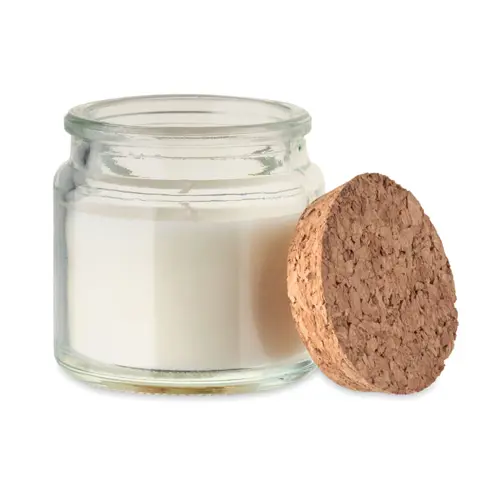 Candela in cera vegetale 70gr in contenitore di vetro con coperchio in sughero e scatola regalo