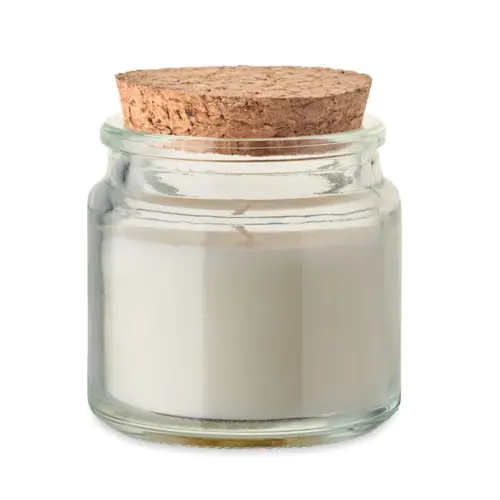 Candela in cera vegetale 70gr in contenitore di vetro con coperchio in sughero e scatola regalo