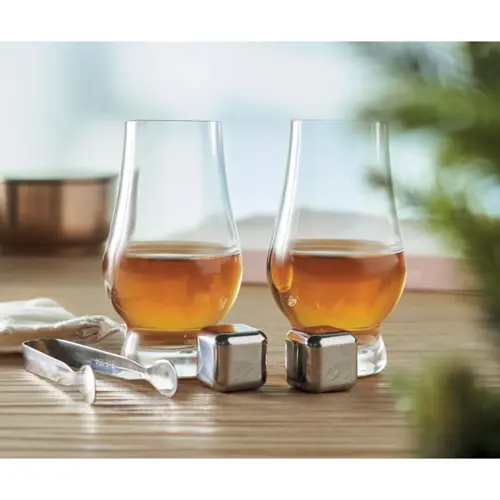Set bicchieri da whisky con pinza e cubetti inox riutilizzabili