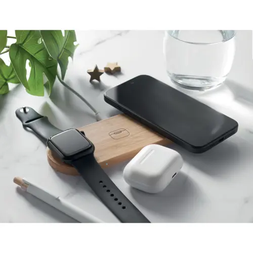 Caricatore wireless 3 in 1 in bambù per smartphone smartwatch e auricolari da 15W